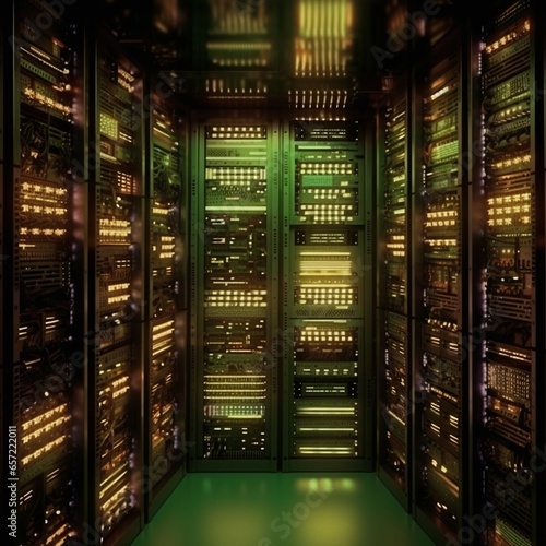 A server rack with rows of computers stacked together