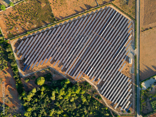 Aerial view from drone of photovoltaic solar panels farm, Malorca, Spain