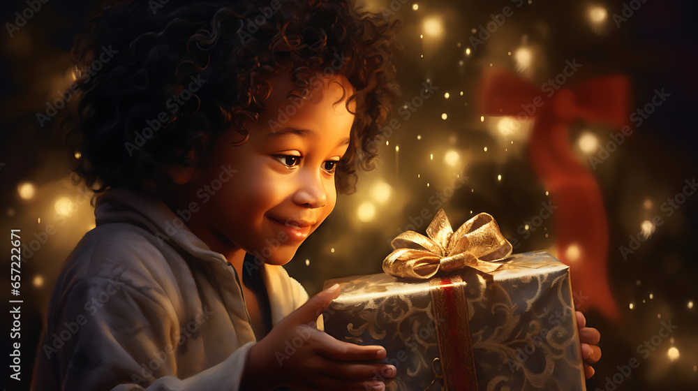 Witness a heartwarming moment as a child opens a beautifully wrapped gift under the Christmas tree, their eyes sparkling with delight, a reminder of the joy and wonder that the holiday season brings Witness a heartwarming moment as a child opens a beautifully wrapped gift under the Christmas tree, their eyes sparkling with delight, a reminder of the joy and wonder that the holiday season brings