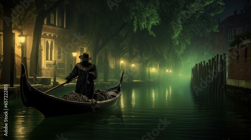 Valokuva Venetian gondolier punting gondola through green canal