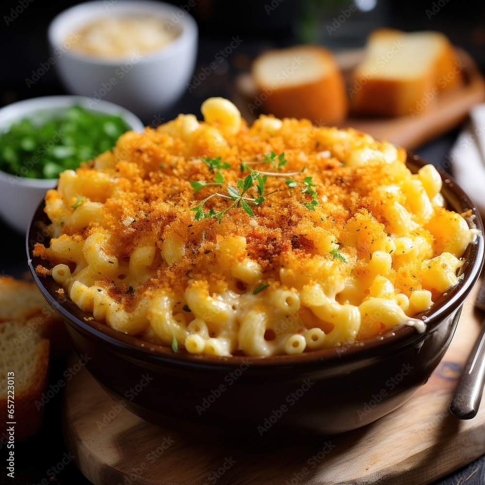 Comforting bowl of macaroni and cheese with bread crumbs Comforting bowl of macaroni and cheese with bread crumbs