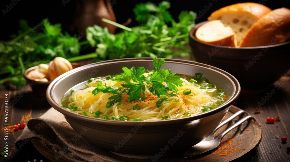 Warm bowl of chicken noodle soup with fresh herbs