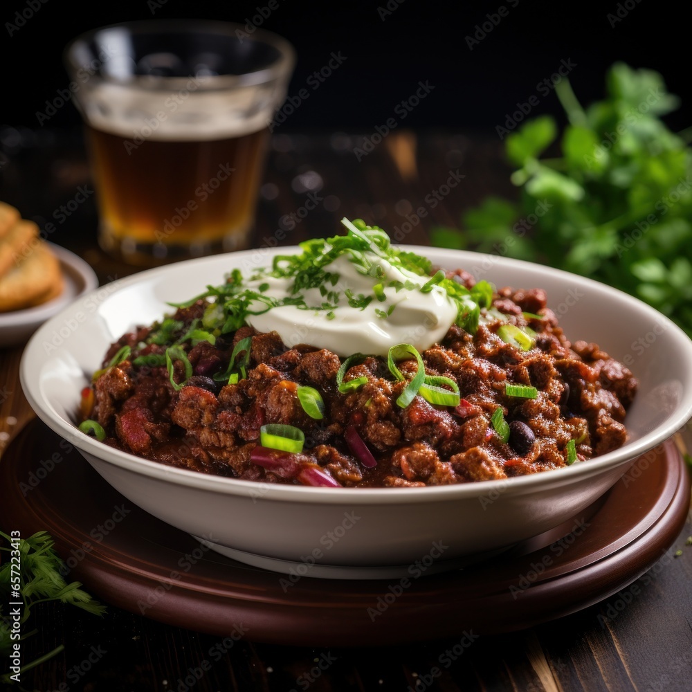 Spicy chili con carne topped with sour cream and chives Spicy chili con carne topped with sour cream and chives