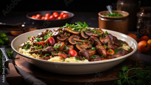 Rich beef bourguignon with mushrooms and red wine sauce