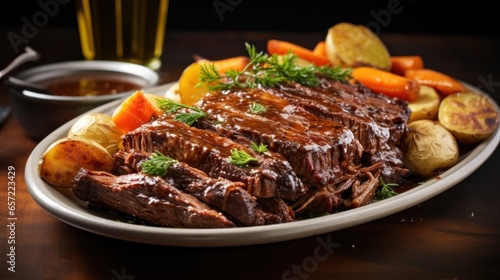 Classic beef pot roast with carrots, onions, and gravy