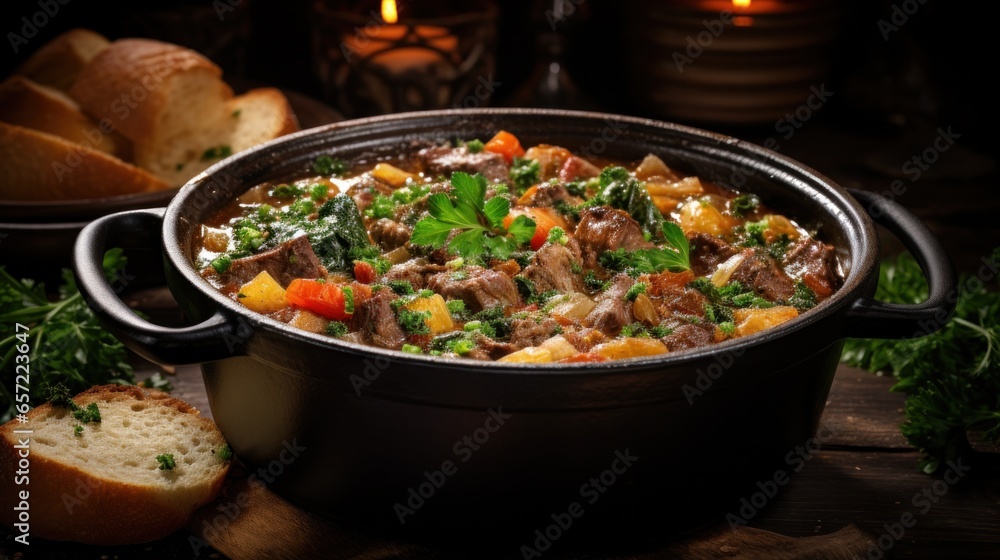 Hearty beef stew with vegetables in a rustic pot Hearty beef stew with vegetables in a rustic pot