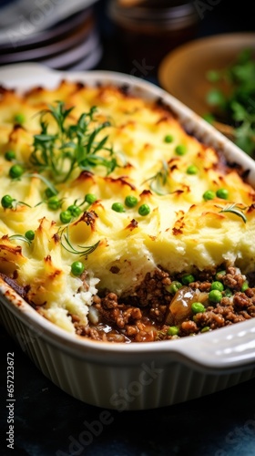 Savory shepherd's pie with mashed potatoes and ground beef