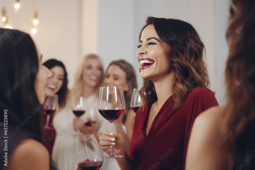 Woman at branch party holding a glass of red wine,  laughing at jokes and having a good time with friends 