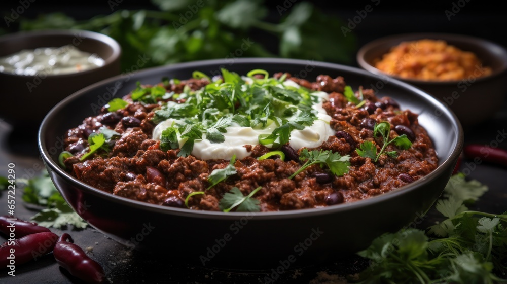 Spicy chili con carne topped with sour cream and chives Spicy chili con carne topped with sour cream and chives