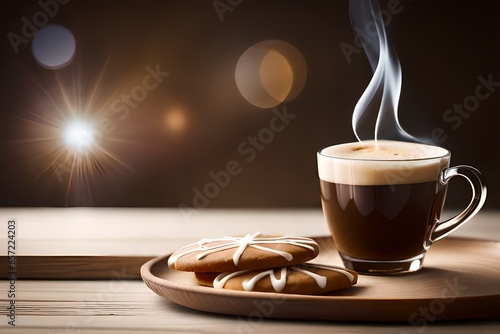 cup of coffee with chocolate, cookies, cup of coffee and cookies on the plate, breakfast,  photo