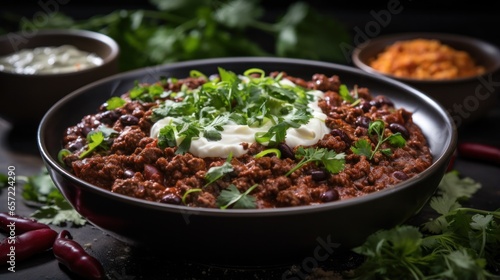 Spicy chili con carne topped with sour cream and chives