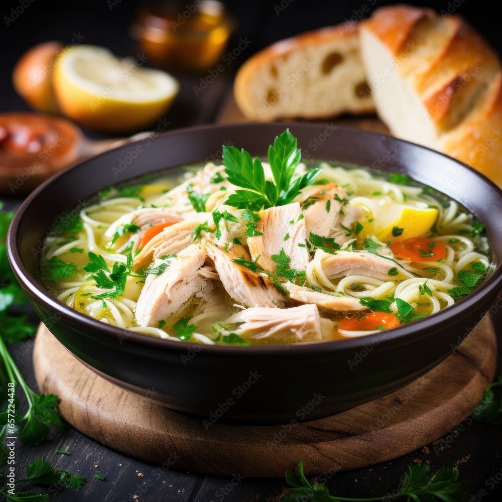 Warm bowl of chicken noodle soup with fresh herbs Warm bowl of chicken noodle soup with fresh herbs