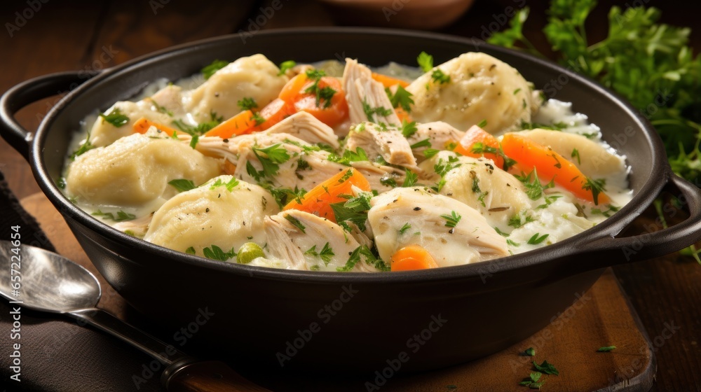 Flavorful chicken and dumplings with vegetables and herb Flavorful chicken and dumplings with vegetables and herb