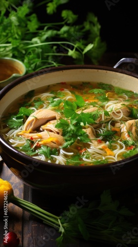 Warm bowl of chicken noodle soup with fresh herbs