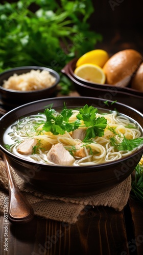 Warm bowl of chicken noodle soup with fresh herbs