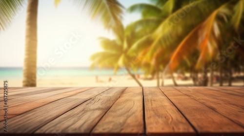 Wooden table and blurred tropical beach background