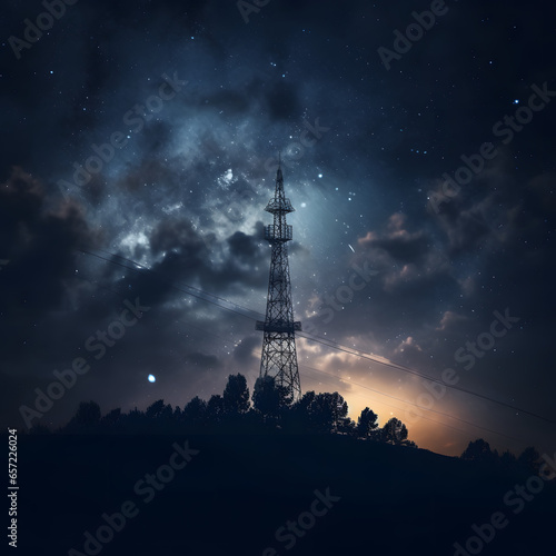 modern telecommunications tower with antennae reaching out into the night sky, illuminated by the moonlight photo