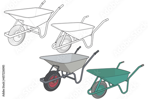 Set of single Wheel Barrow vector fullcolor .Trolley fullcolor vector illustration isolated on black background.  Wheel Barrow outline illustration.