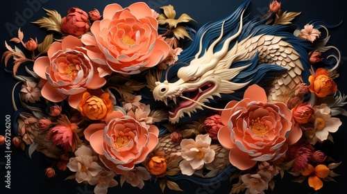 Dragon Zodiac Sign with Flowers and Asian Elements in Paper Cut Style  AI generated