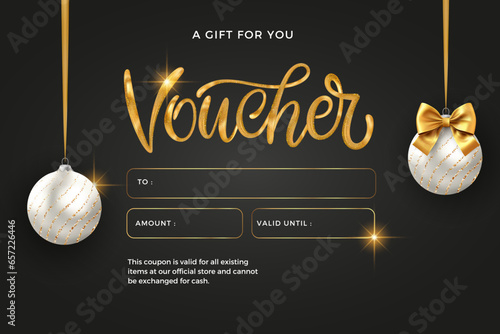 3d Lettering realistic gift certificate, Christmas voucher with luxury render golden shiny ball decoration. Vector illustration