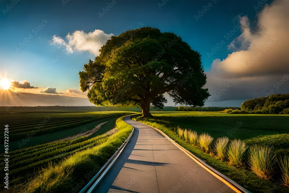 Fototapeta premium Sunset Drive through Rural Bliss: Exploring Nature's Open Roads