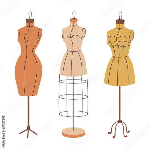 Tailors mannequins set. Sewing dummies, women torso, body for fashion design, dressmaking. Female manikins, fabric and metal figures on stands. Flat vector illustrations isolated on white background