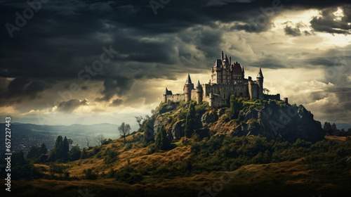 An old castle sits on top of hill under stormy sky
