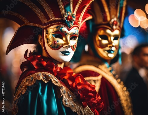 People in Venice Carnival masks in Italy at Venetian february carnival and festival looking at camera 
