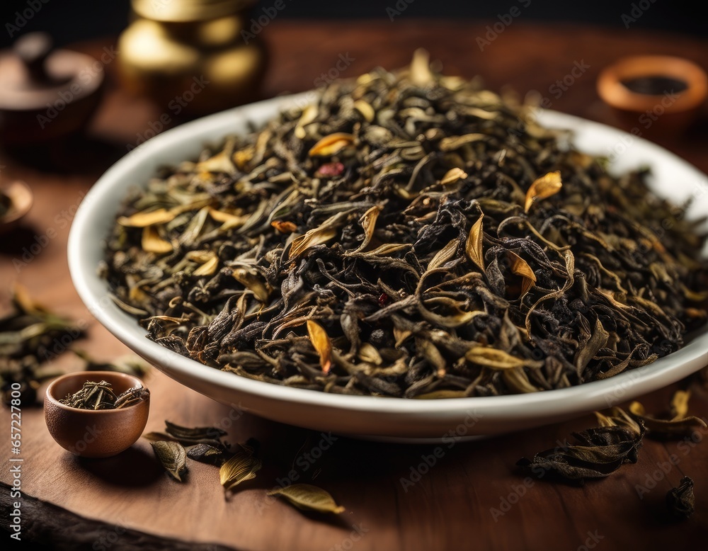 Dried green tea leaves on white saucer and wooden table for aromatic Chinese traditional drink and healthy refreshment beverage Dried green tea leaves on white saucer and wooden table for aromatic Chinese traditional drink and healthy refreshment beverage