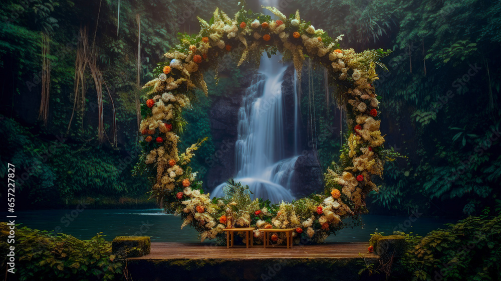 Wedding Backdrop Floral Hoop Waterfall, Wedding, Portrait, Engagement, Ceremony, Tropical Waterfall & Floral Hoop Background, Wedding Props