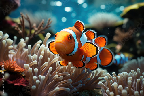 A clownfish swimming in an anemone, known for its amusing name and behaviors. Concept of animal humor. Generative Ai.