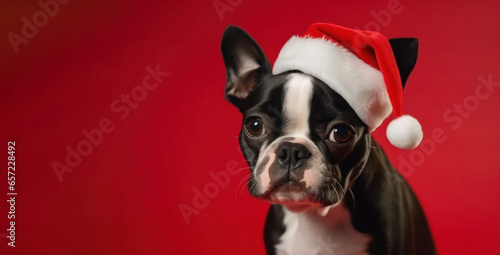 A Boston Terrier dog with a red Christmas hat against a red Xmas background. © Mirador