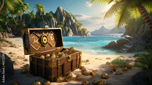 An open wooden pirate chest filled with gold coins