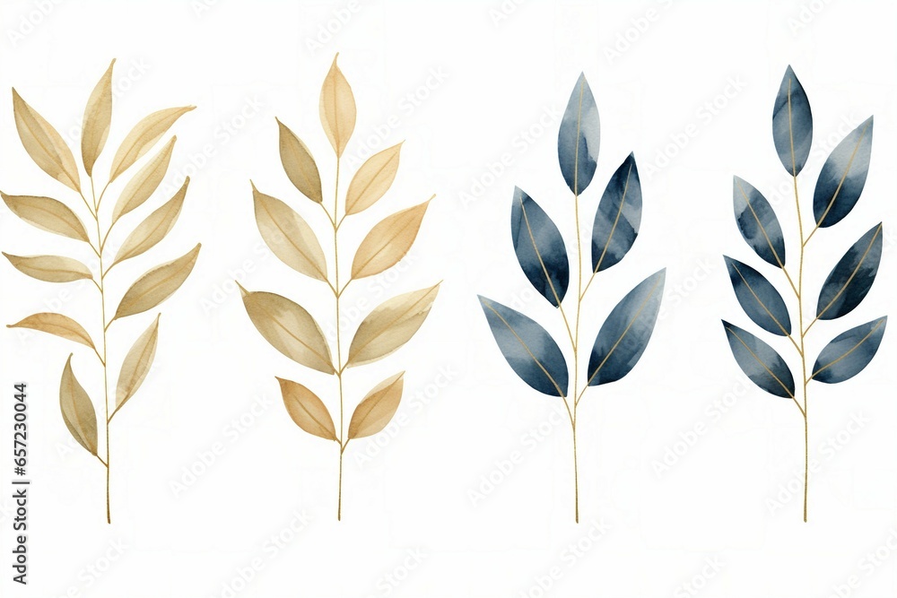 Array of golden and blue tree leaves on a white background