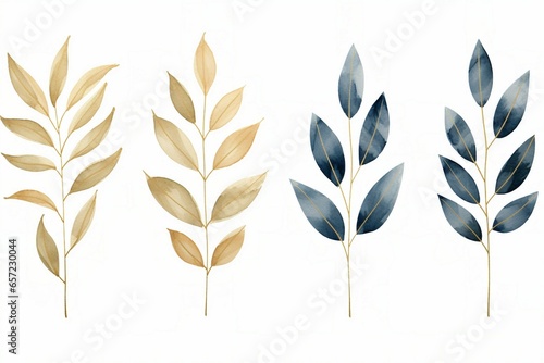 Array of golden and blue tree leaves on a white background