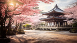 Ancient pavilions and flowering sakura Hokokuji term