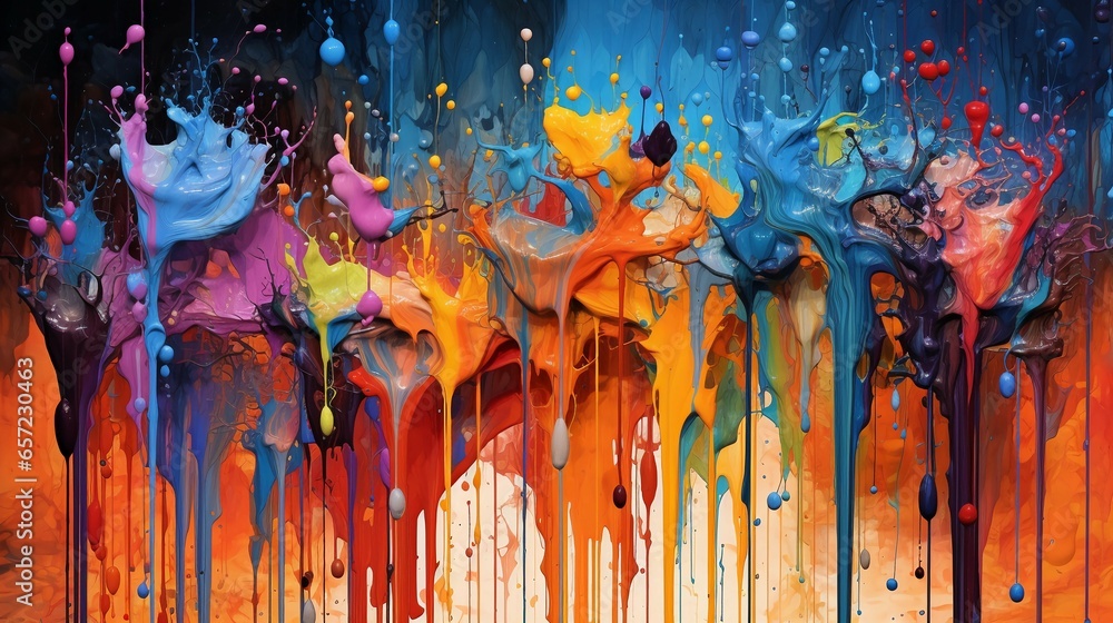An abstract wallpaper design with a burst of vibrant splatters and drips in various colors