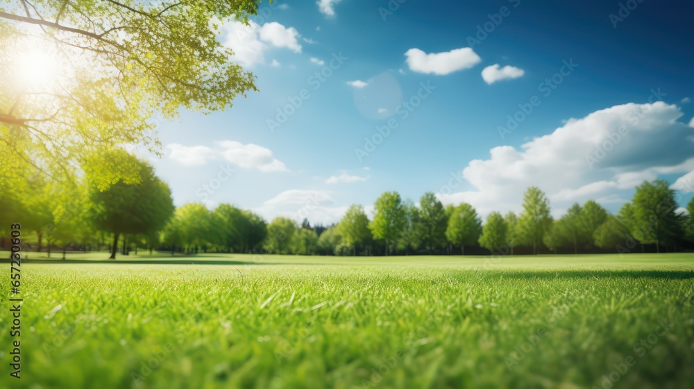 Beautiful green grass field and blue sky with sunlight. Natural background - obrazy, fototapety, plakaty 