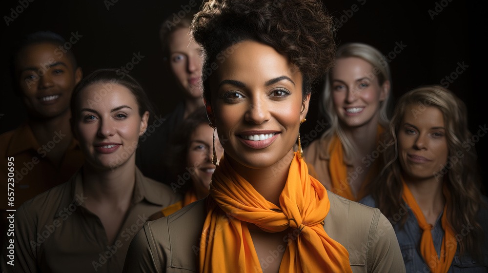 Happy smiling women on dark background. Women girl power concept. High quality AI photo Happy smiling women on dark background. Women girl power concept. High quality AI photo