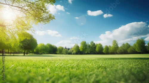 Beautiful green grass field and blue sky with sunlight. Natural background