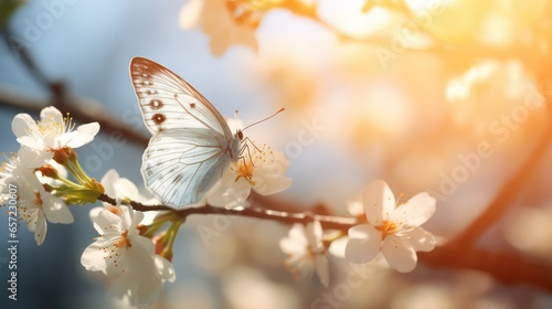 White butterfly on a branch of a blossoming tree. Spring background