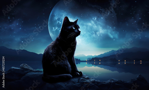 Portrait of a black cat sitting on rocks next to the lake on a full moon night