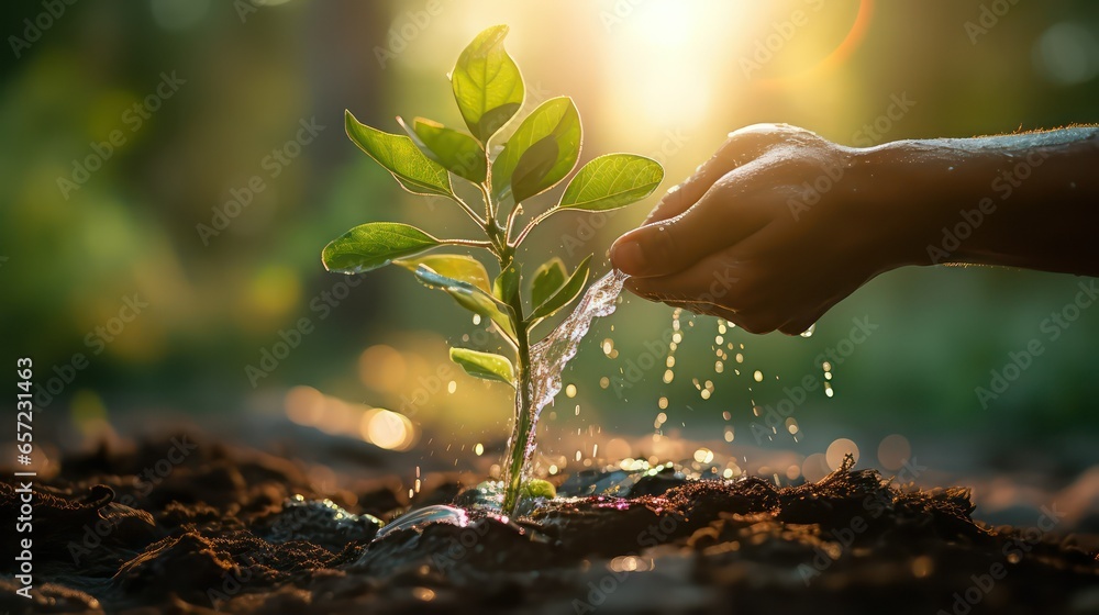 Human hand watering young plant in the morning. Earth day concept. - obrazy, fototapety, plakaty 