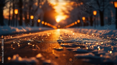 Raindrops on the asphalt road in the city at sunset