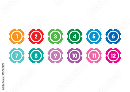 1-12 math numbers in geometric shape. 1-12 number buttons for business, university, academy, education
