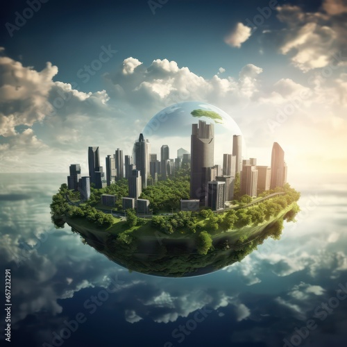 Earth planet with modern city on the background of blue sky and clouds