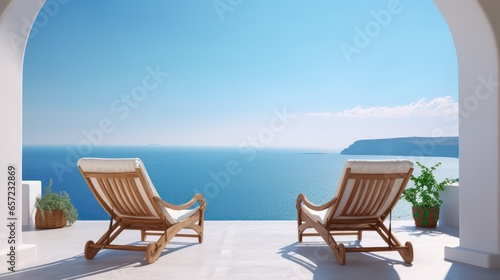 Relaxing chairs by swimming pool in luxury villa, Greece