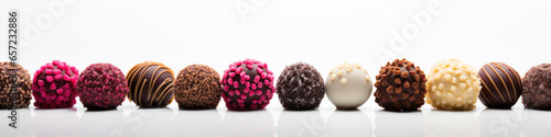 Closeup of typical brazilian brigadeiros, various candy flavors on white background photo