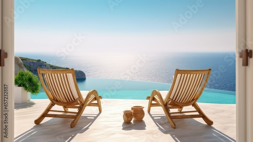 Relaxing chairs by swimming pool in luxury villa, Greece