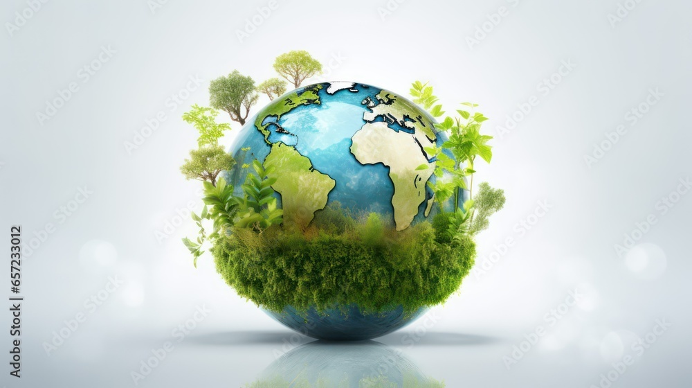 Green planet with flowers and plants on white background